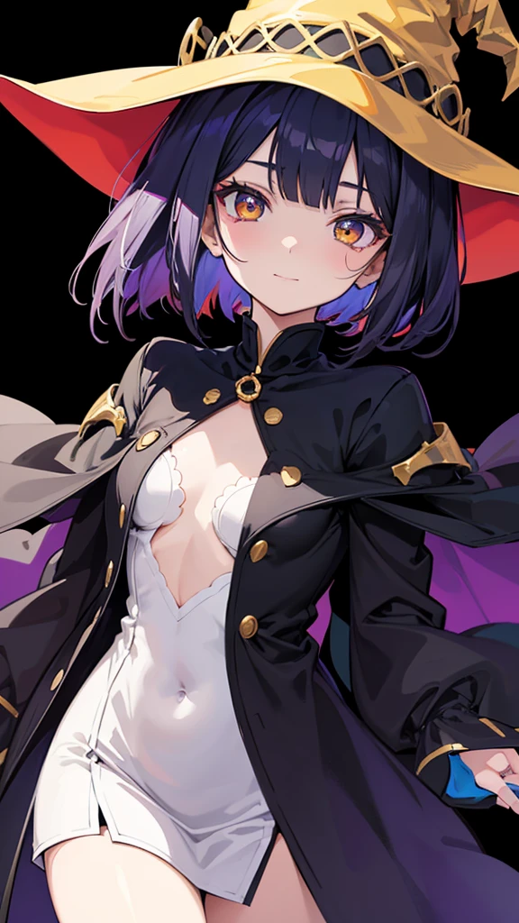 Witch's outfit, Anime-style portrait of a girl with a deep violet bob cut, {Golden eyes}, bright eyes, -facee contact with the camera, subtle smile, minimalistic background to emphasize character, high contrast, clean lines, digital painting, vivid colors