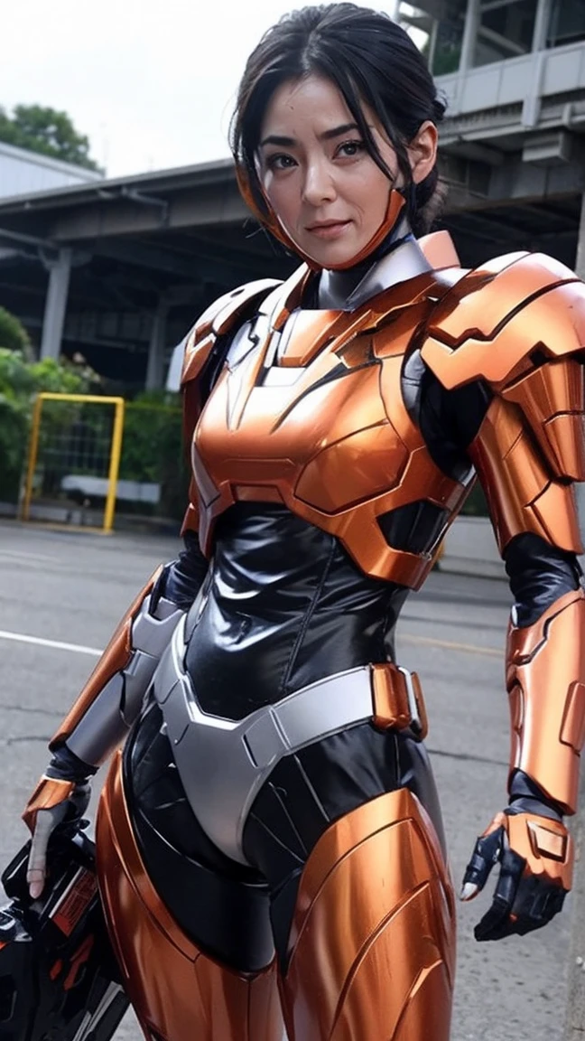 rough skin, Super detailed, advanced details, high quality, 最high quality, High resolution, 1080p, hard disk, beautiful,(Arcee),beautifulサイボーグ女性,Mecha cyborg girl,battle mode,'Wearing futuristic Transformers mecha,Woman warrior, Middle-aged woman with black hair thick eyebrows Chiquita sweaty face A painful look Steam coming out of the face Show your face orange vagina exposed exposing chest
