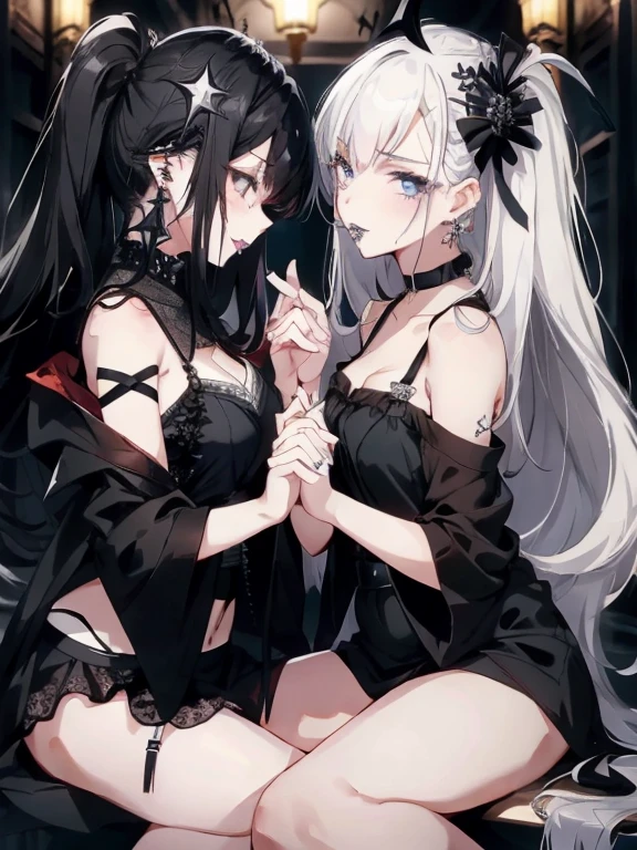 Two women kisasterpiece, best quality, high quality, ultra detailed, 1girl, looking at viewer, white hair, gray eyes, black lipstick, black shirt, sitting on a white floor, demon girl, gothcore, 1 7 - - old,th girl, japanese gothic, gothic punk style, black metal style, hands on head,.yurikiss、Girl kissing girl、
