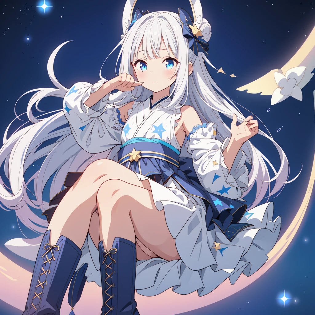 sitting on the crescent moon、A spaceship with a cute rabbit face、Star Fairy、(((1girl)))、lower body shot、Focus on boots、vtuber-halfbody、Star Fairy、「A beautifully printed galaxy patterned kimono and gothic ta outfit.、Space pattern box pleated mini skirt with ruffles、front portrait、Knee-high boots、enchanting eyes、Perfect and stunning face、exquisite details、clear image、highest quality。」Milky white and blue gradient straight long hair、