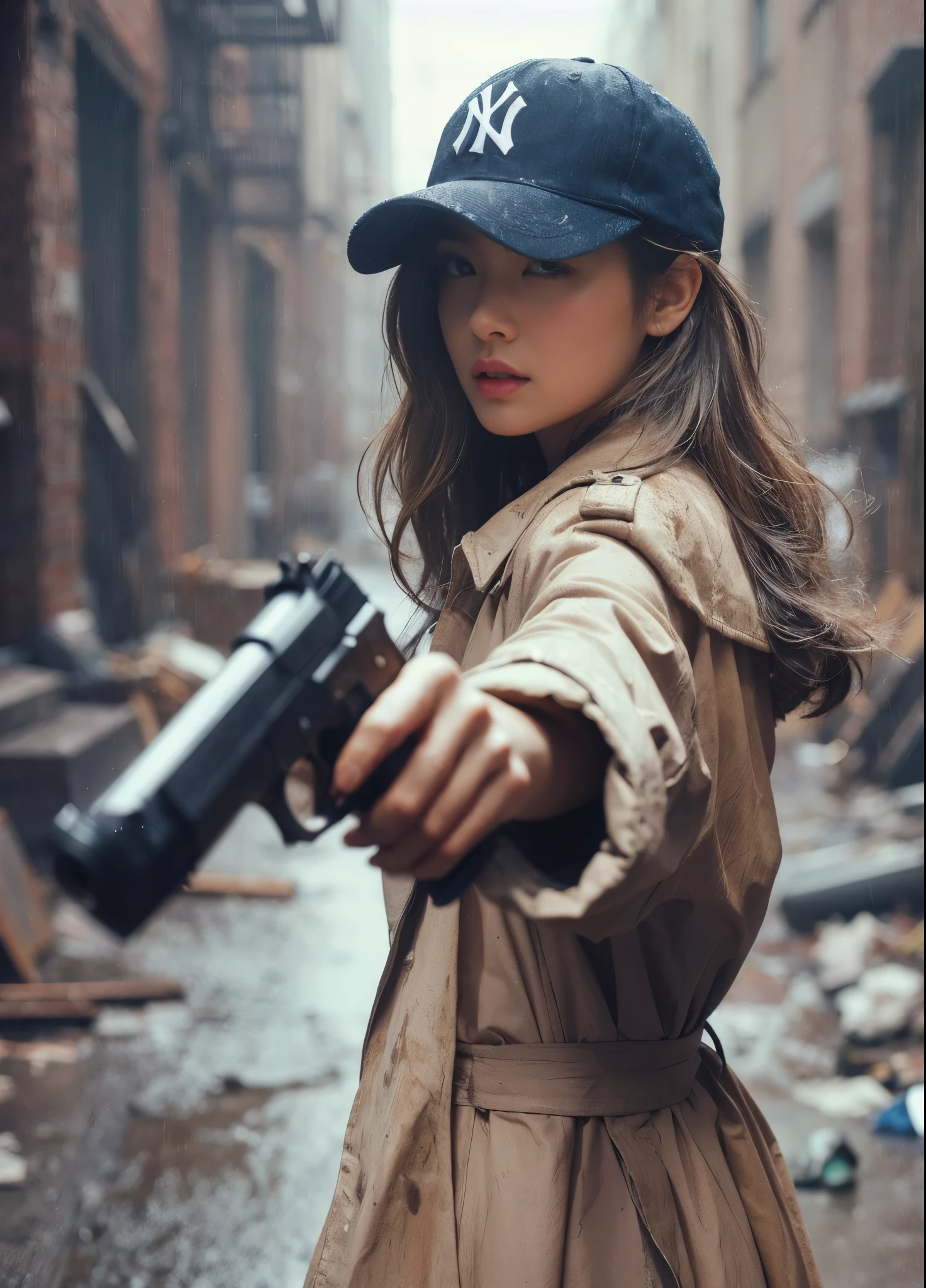(Very detailed, Realistic photos, Realistic skin texture), 8k, A beautiful Japanese woman living in America looks back with a sawed-off shotgun on her hip, He is wearing a dirty and torn beige trench coat., navy yankees baseball cap, Dirty high-top Nike sneakers, An alley littered with bricks and rubble, It rains and clothes get wet, In an attractive and action-packed pose, And a cool configuration.