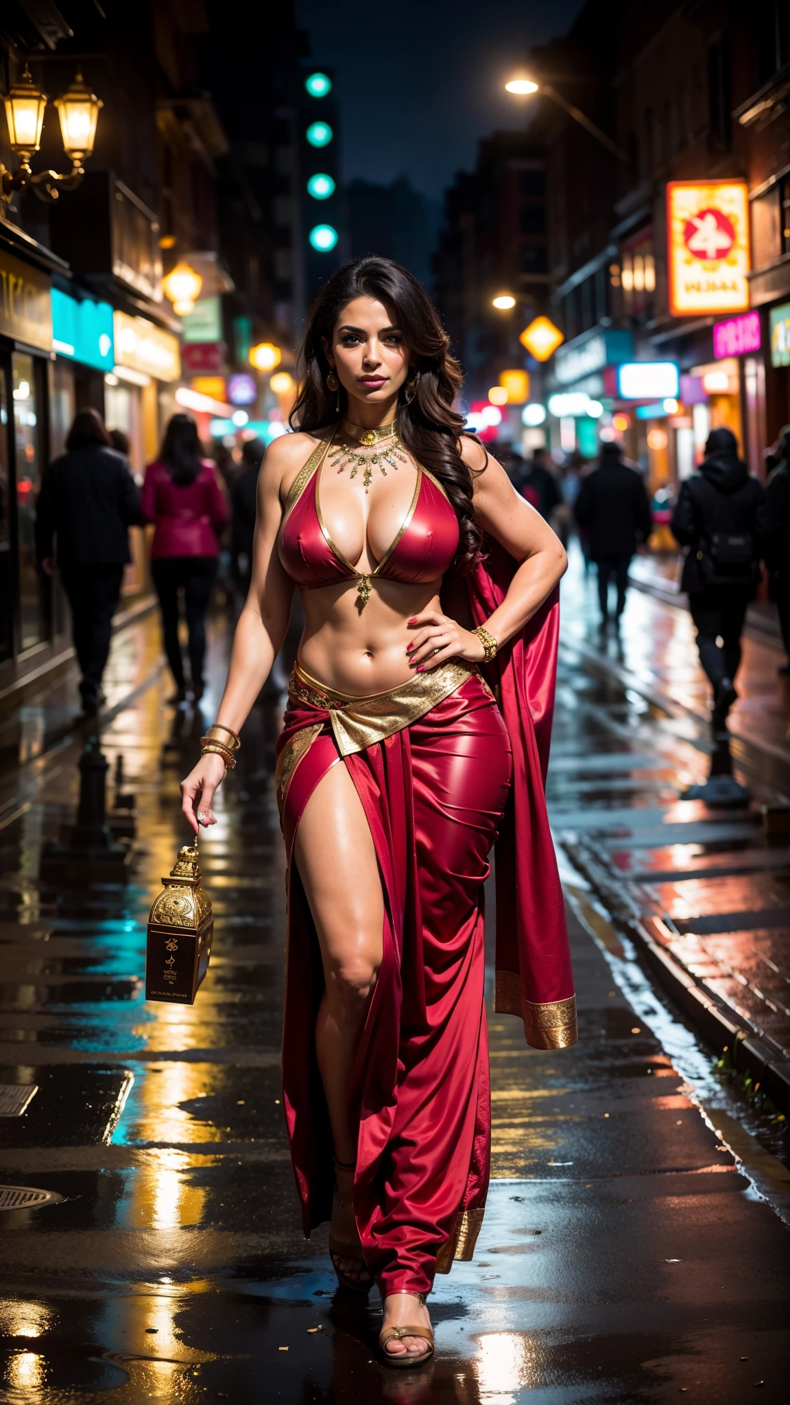 (masterpiece, 8k, highest quality, ultra detailed:1.37), (Nyla), 35 years old, (a sexy russian model), (dressed in an Indian outfit: 1.4), medium tits and ass, candid photography, sweaty, classy look, detailed skin texture, (walking on the street: 1.2), night, dark, full moon night, tattoos, Photorealistic, mind blowing