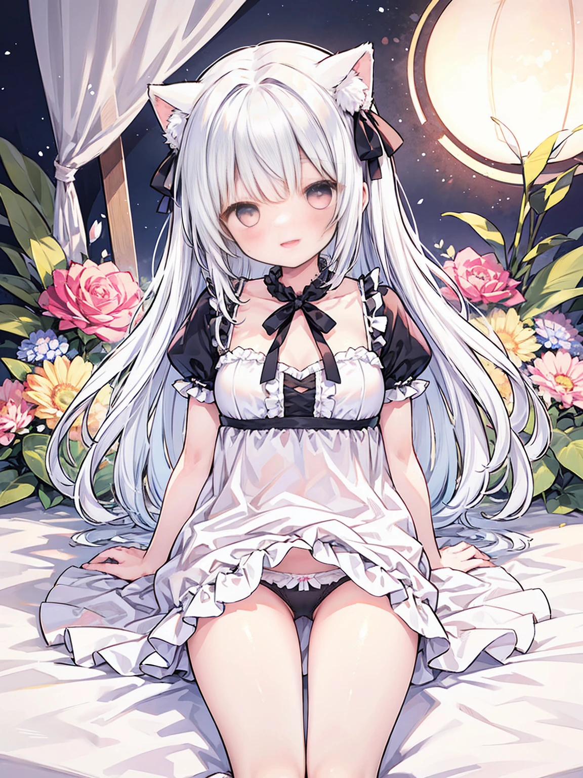 girl、short、big eyes、smile、ruffle underwear、lots of ribbons、voluminous frills、pastel colour、lame、shine、detailed、high resolution、