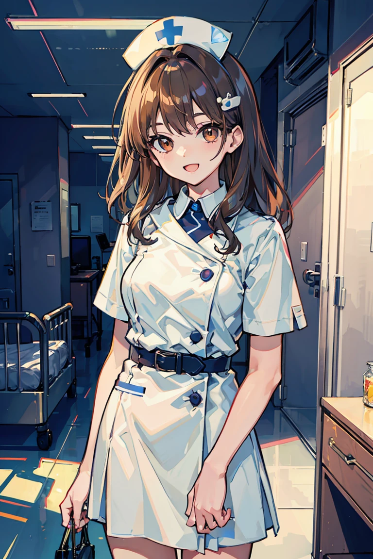 1 girl, Street fashion, (white nurse uniform), nurse cap, shortcut, (wavy hair), brown hair, (hair ornaments), lively look, bright smile, ribbon ,detailed beautiful brown eyes, hospital bed,24-years-old,  Beautiful shining eyes, romanticism, modern art, Impressionism, reflected light, 8K, masterpiece, advanced details, highest quality, accurate anatomy, Non-deformed fingers