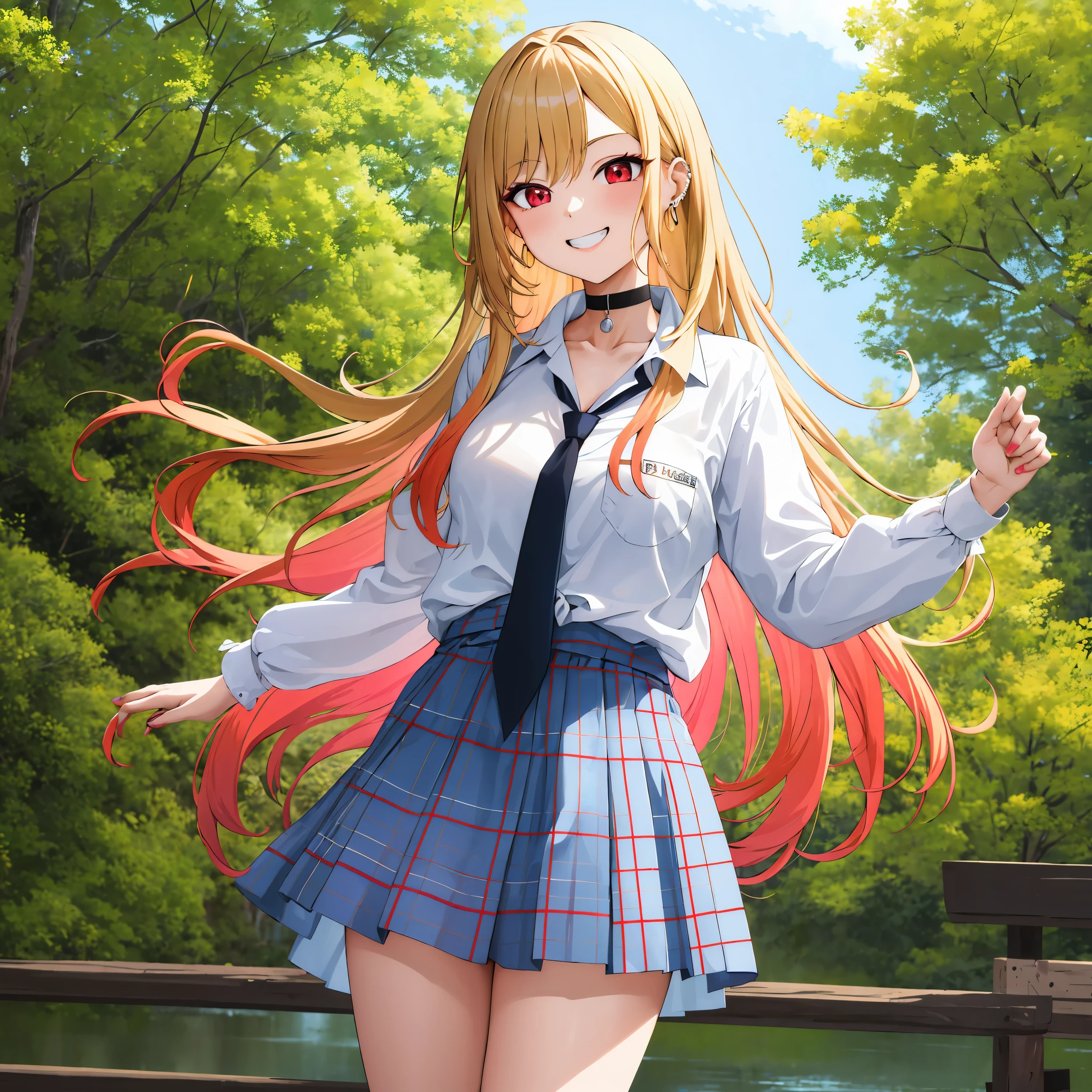 masterpiece, best quality, highres, kitagawa marin, 1girl, blonde hair, long hair, multicolored hair, red eyes, jewelry, earrings, piercing, , white shirt, tied shirt, black choker, blue necktie, plaid skirt, grin, smile, standing, cowboy shot, outdoors,