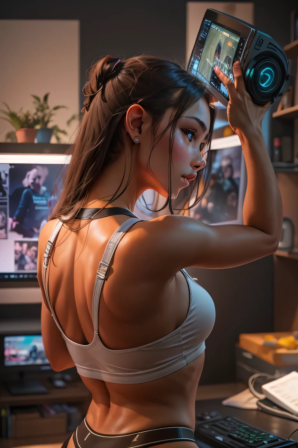fotorealistisch, 8k ultra detailliert, Gamer Girl , tan skin, gorgeous face, Stunning body, Micro-Minirock, Shiny crop top, Shows back, riesiger arsch, im gaming zimmer
