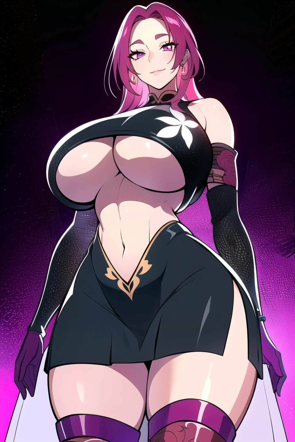 ultra realistic 8k cg, masterpiece, (( intricate detail, highly detailed, fine details best quality, hyperdetailed face)), gigantic breasts ,beautiful lighting, absurdres, BoaHancockV2, 1girl, solo, magenta hair, long hair, jewelry, closed mouth, ), (chinese dress, (underboob : 1.4), elbow gloves, thigh boots, split skirt, bare shoulders, curvy, midriff, curvy, thighs, shiny clothes), magenta eyes, (complex detailed background, inside, luxury palace), ((cowboy shot)), curvy, (gigantic breasts: 1.1), seductive smile, cowboy shot,