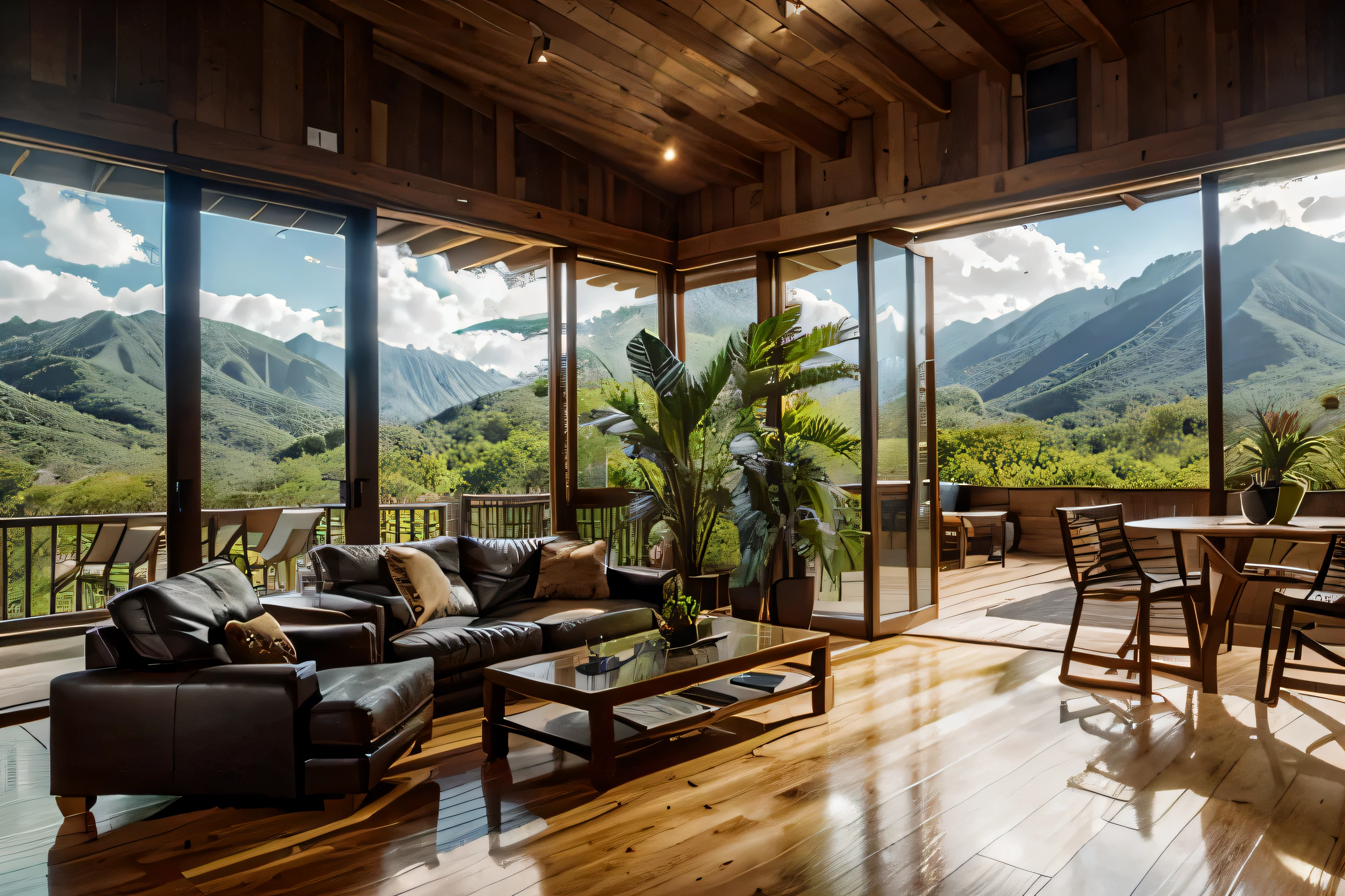 realistic big living room, wood floor, big windows, minimal interior, tropical plants, view on the mountains