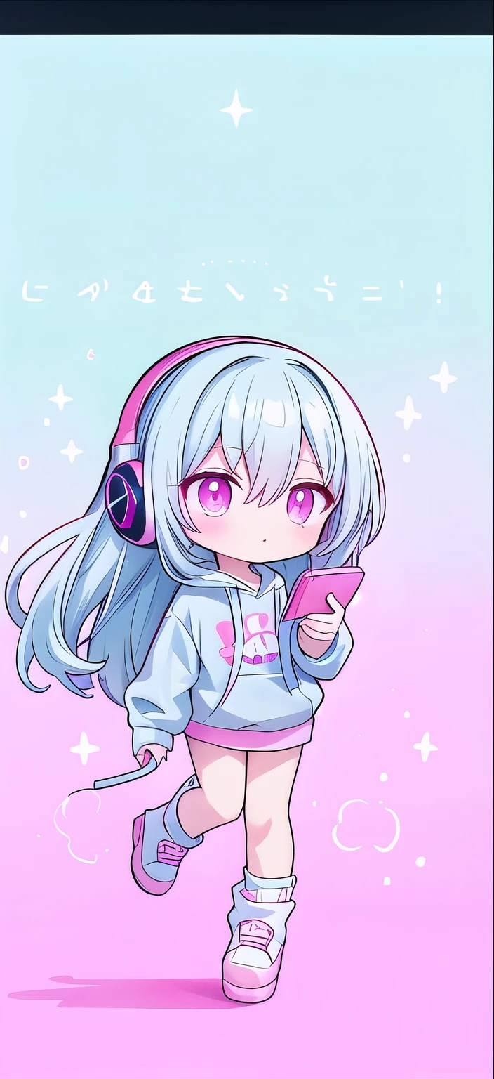 Long light blue hair，Pink and white sweatshirt，pink eyes，Blue headphones