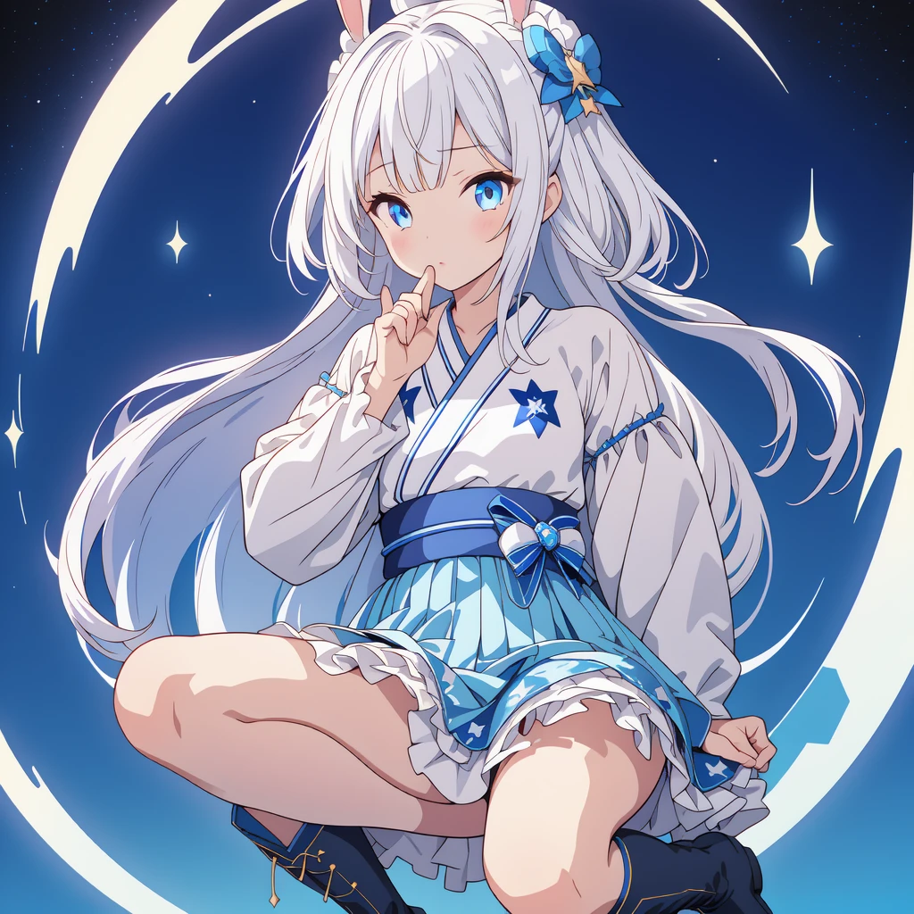 sitting on the crescent moon、A spaceship with a cute rabbit face、Star Fairy、(((1girl)))、lower body shot、Focus on boots、vtuber-halfbody、Star Fairy、「A beautifully printed galaxy patterned kimono and gothic lolita outfit.、Space pattern box pleated mini skirt with ruffles、front portrait、Knee-high boots、enchanting eyes、Perfect and stunning face、exquisite details、clear image、highest quality。」Milky white and blue gradient straight long hair、