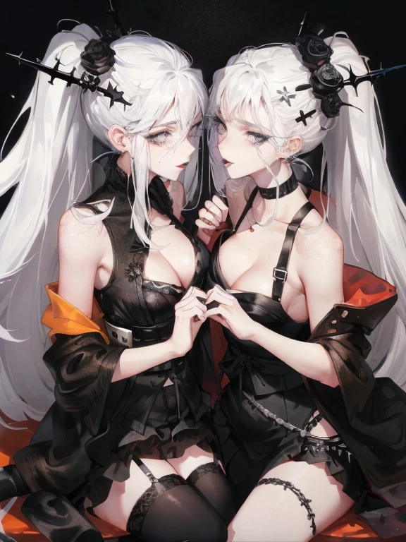 Two women kisasterpiece, best quality, high quality, ultra detailed, 1girl, looking at viewer, white hair, gray eyes, black lipstick, black shirt, sitting on a white floor, demon girl, gothcore, 1 7 -  - old,th girl, japanese gothic, gothic punk style, black metal style, hands on head,.yurikiss、Girl kissing girl、