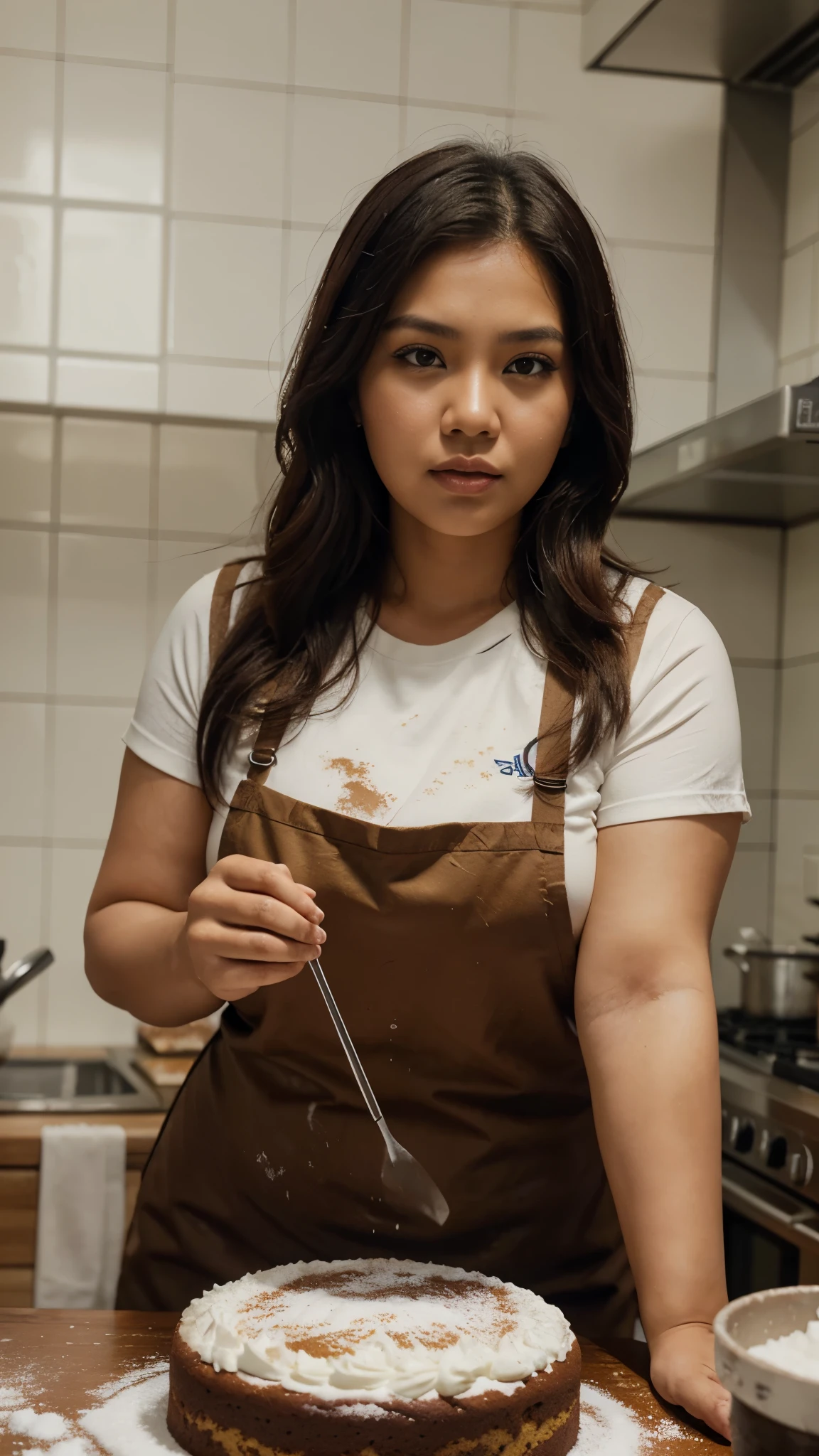 ,photoshop art ,indonesian woman face ,plus size woman, ,worksafe.cgsociety and fear ,puskaracü<a ,Alston Charles by ,9 n— details provided ,making cakes with flour, messy flour, Conner Mac by , realistic , presenter , kitchen background, illustration