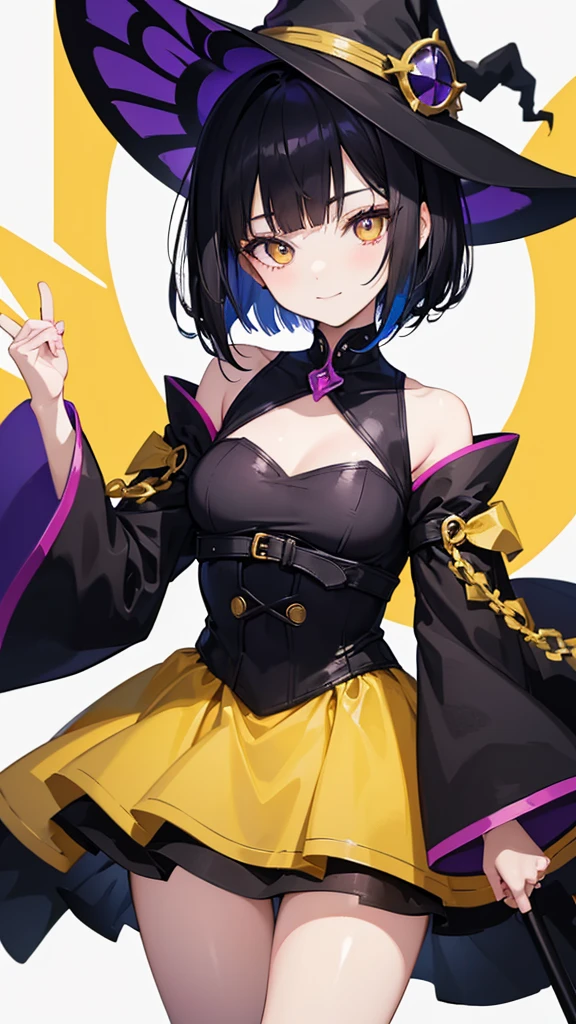 Witch's outfit, Anime-style portrait of a -ager girl with a deep violet bob cut, {Golden eyes}, bright eyes, baby-faced, eye contact with the camera, subtle smile, minimalistic background to emphasize character, high contrast, clean lines, digital painting, vivid colors