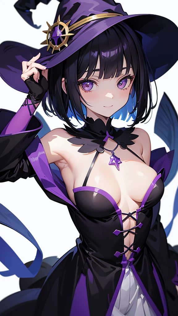 Witch's outfit, Anime-style portrait of a -ager girl with a deep violet bob cut, {Golden eyes}, bright eyes, baby-faced, eye contact with the camera, subtle smile, minimalistic background to emphasize character, high contrast, clean lines, digital painting, vivid colors