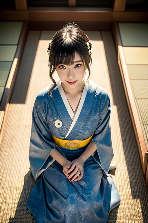 (8k, RAW photo, best quality, perfect anatomy, masterpiece:1.2), (realistic, photo-realistic:1.4), (extremely detailed 8k wallpaper), sharp focus, professional lighting, depth of field, cinematic lighting, 20 years old Beautiful and cute japanese actress, (Traditional Japanese kimono, Furisode, Intricate patterns, Vibrant colors, Japanese textile artistry,:1.3), Traditional Japanese hairstyle, Kanzashi, Tatami room, (Looking Down from Above, upturned eyes:1.2), Camera angle is Cowboy Shot
