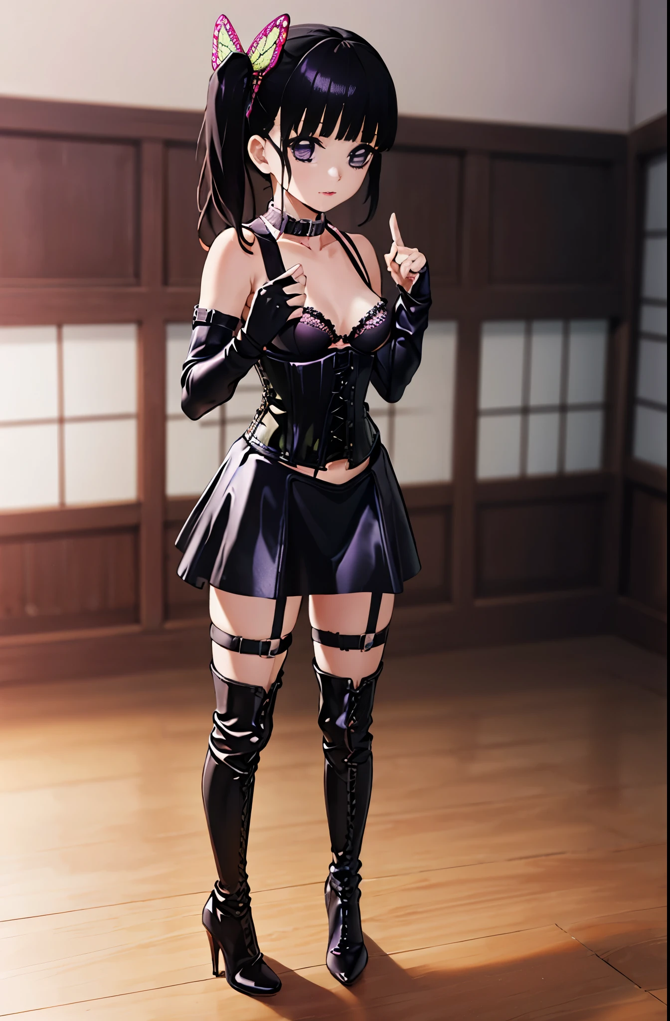 BDSM、Queen、mistress、(((Long gloves made of black leather that cover the fingertips)))、(((black leather corset dress:1.4)))、(((The corset dress is decorated with beautiful lace.)))、(((corset dress with shoulder straps)))、(((Tight black leather mini skirt:1.4)))、(((Black Thigh Boots)))、(((stiletto heels)))、(((Black leather panties)))、(((Black leather bra)))、(((black leather collar)))、(((sexy pose)))、Spread your legs apart、small bust:1.4、flat chest、(((erotic)))、(((purple eyes)))、No expression、(((full body shot)))、(masterpiece)、(highest quality)、high resolution、 High resolution、完璧なmasterpiece、highest quality、soft dim lighting、good lighting、8K、wallpaper、side lighting、perfect lighting、solo focus、shiny skin、detailed eyes and face、professional photography lighting、((facing the front:1.2))、((Upper body:1.2))、highest quality、natural light rays、 Shadow、(focal length blur:1.4)、(masterpiece, highest quality, be familiar with), 1 girl, alone, looking at the viewer, Kanadev, purple eyes, black hair, long hair, blunt bangs, bangs, hair ornaments, bug, butterfly, side ponytail, butterflyのhair ornaments,in the forest、wood々のwood洩れ日、