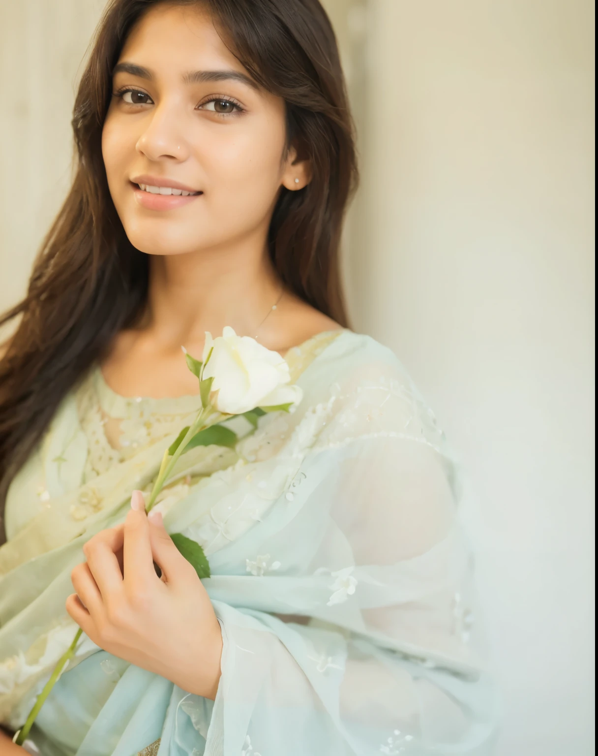 Beautiful ,23 years young Indian girl healthy, confidential looking,8k,realistic, raw photo,dark brown hair,fair skin, indian,long hair,clear facial features,, very detailed, 23years old, innocent face, natural wavy hair, high resolution, masterpiece, best quality, intricate details, highly detailed, sharp focus, detailed skin, realistic skin texture, texture, detailed eyes, professional, 4k, charming smile, shot on Canon, 85mm, shallow depth of field, kodak vision color, perfect fit body, extremely detailed, foto_\(ultra\), photorealistic, realistic, post-processing, maximum detail, roughness, real life, ultra realistic, photorealism, photography, 8k uhd, photography