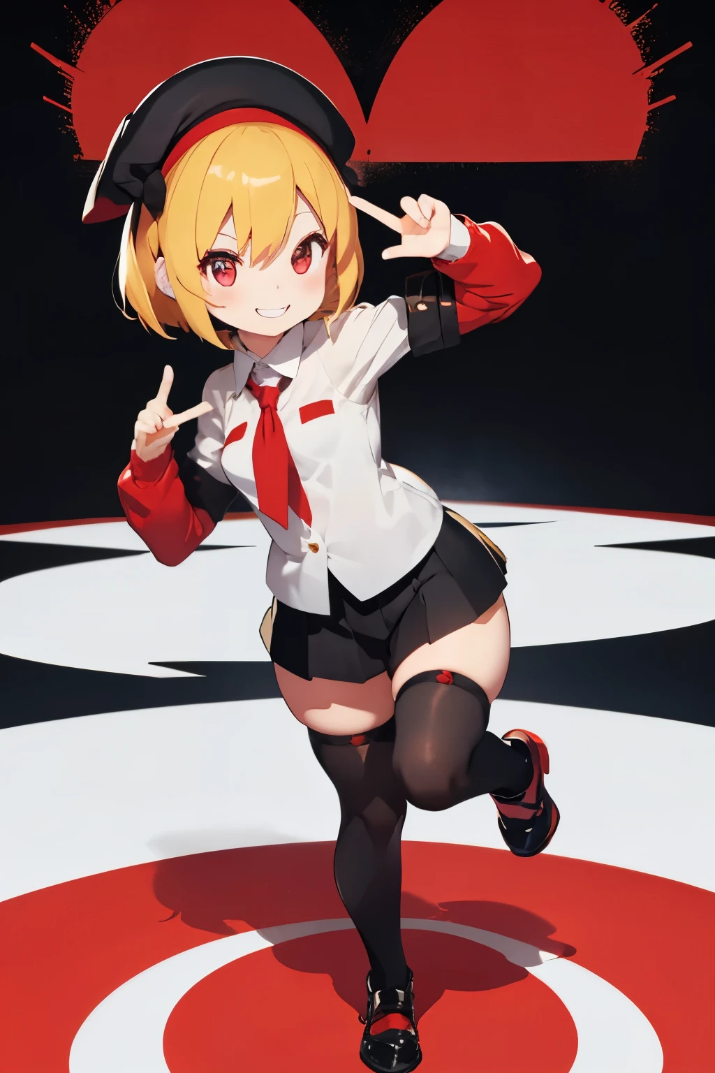 A girl with impressive blonde hair、hair ornaments、short bob、black pantyhose、No sleeve、hot pants、smile、Cute shoes with accessories、red hair band、dynamic pose