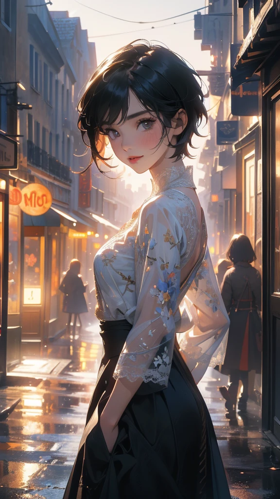(Highly detailed CG unit 8k wallpaper, masterpiece, High resolution, highest quality, natural skin texture), Composition from head to stomach:1.5, (20 year old woman, Hands in pockets pose:1.3, smile, detailed eyes, gradient eyes), (Stalgic Fashion, detailed costume, fine embroidery, White lace stitch textured blouse, No sleeve:1.2, Asymmetrical short hair:1.2), (Backstreets of Paris:1.3, Colourful flower beds along the road, cinematic lighting), high contrast, hyper realistic, digital painting, concept art,