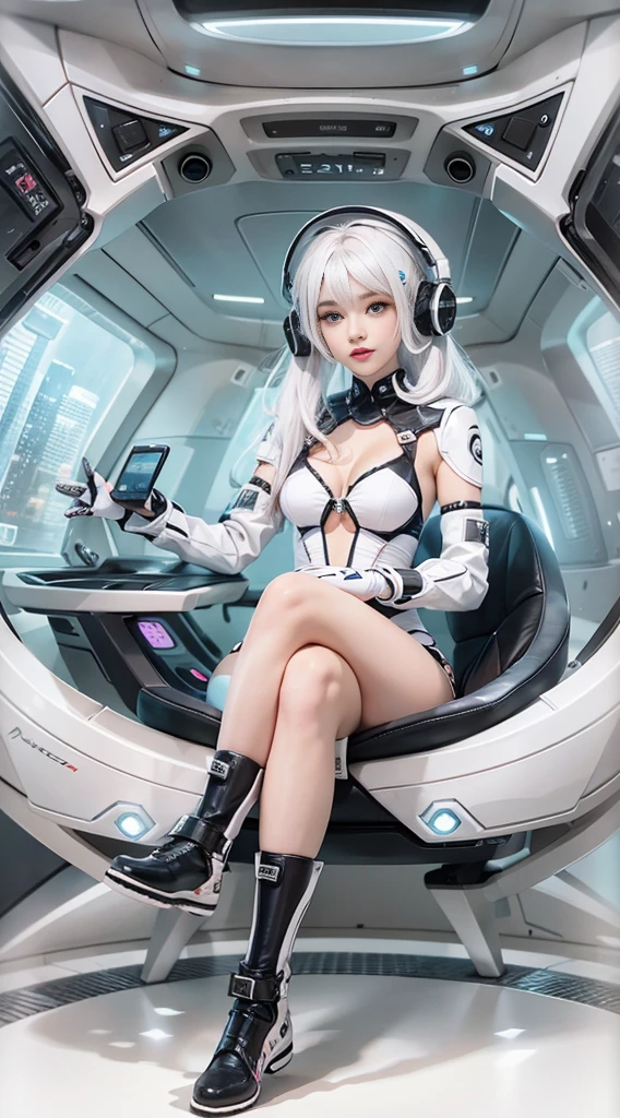The enchanting woman raised her hand happily,Beautiful Women with Perfect Figure,Beautiful white skin,Beautiful eyes,Glossy lips,Lovely smile,White hair,Wear a bikini futuristic Lolita costume in white and black design,Headphones with functionality,Sitting inside the spaceship
