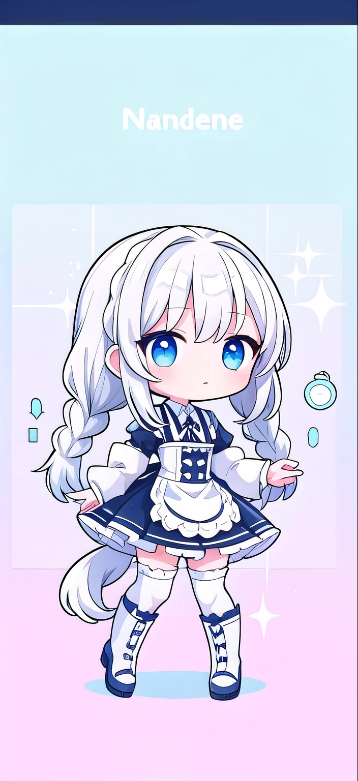 long white hair，maid outfit，white stockings，boots，Tail，braids，blue eyes