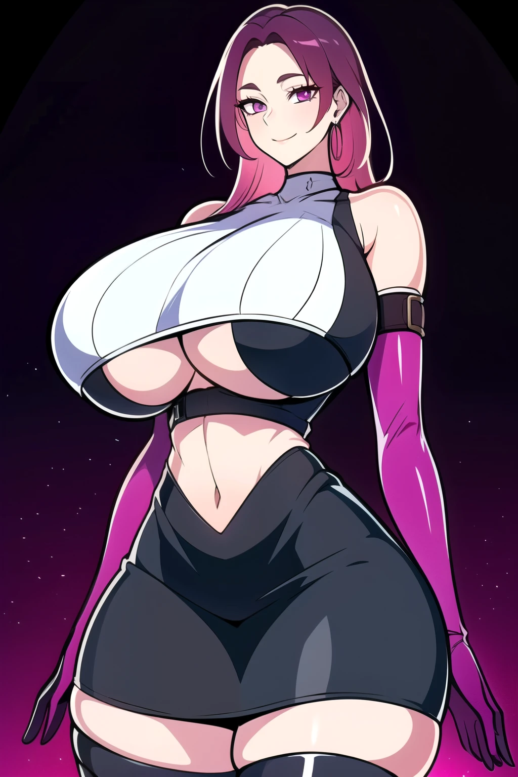 ultra realistic 8k cg, masterpiece, ((ultra detailed background, intricate detail, highly detailed, fine details best quality, hyperdetailed face)), gigantic breasts ,beautiful lighting, absurdres, BoaHancockV2, 1girl, solo, magenta hair, long hair, jewelry, closed mouth, ), ((black crop top : 1.1), (underboob : 1.4), elbow gloves, thigh boots, split skirt, bare shoulders, curvy, midriff, curvy, thighs, shiny clothes), magenta eyes, complex detailed background, inside, luxury palace), ((cowboy shot)), curvy, (gigantic breasts: 1.1), seductive smile, cowboy shot,