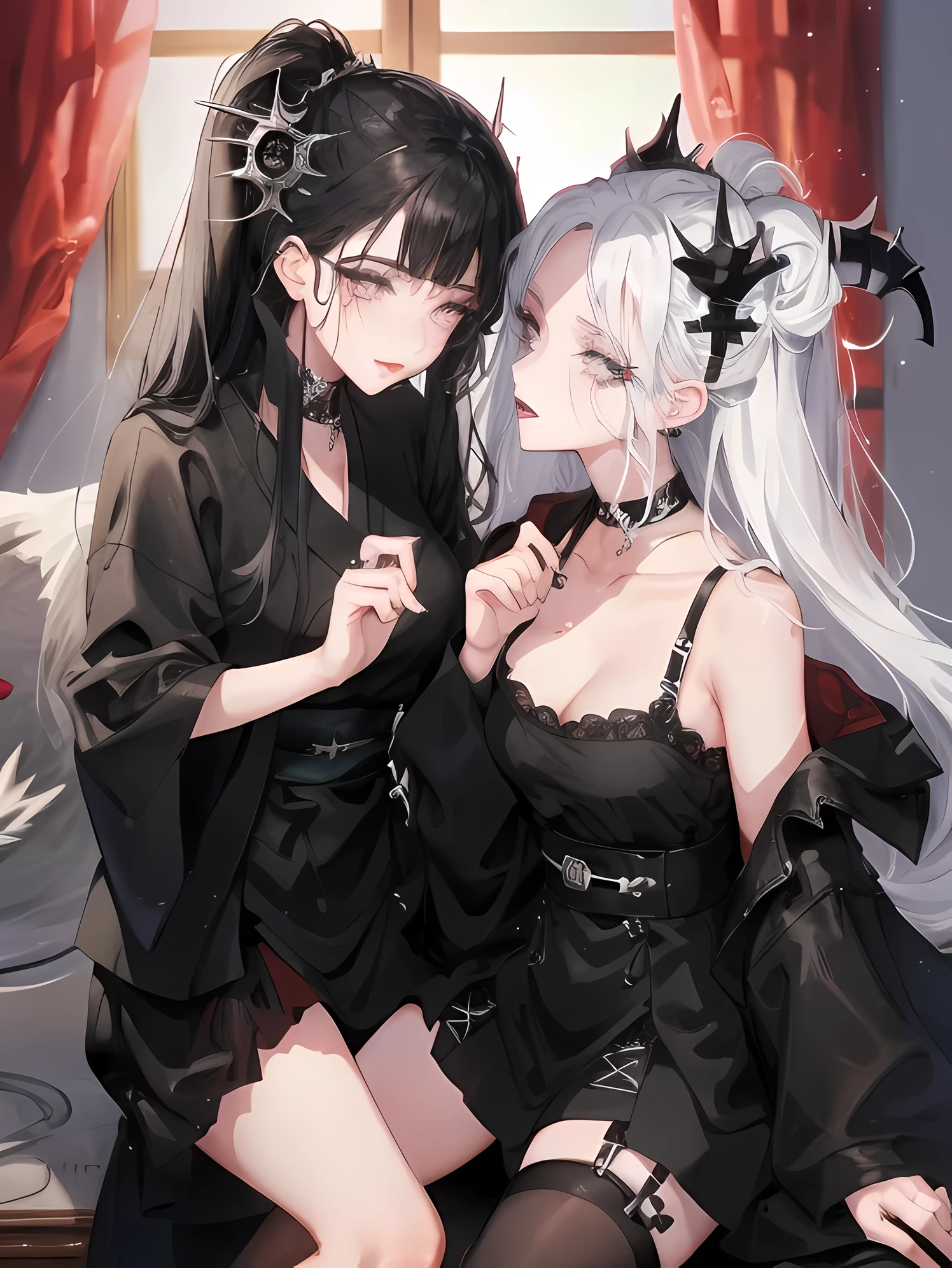 Two women kisasterpiece, best quality, high quality, ultra detailed, 1girl, looking at viewer, white hair, gray eyes, black lipstick, black shirt, sitting on a white floor, demon girl, gothcore, 1 7 - - old,th girl, japanese gothic, gothic punk style, black metal style, hands on head,.yurikiss、Girl kissing girl、