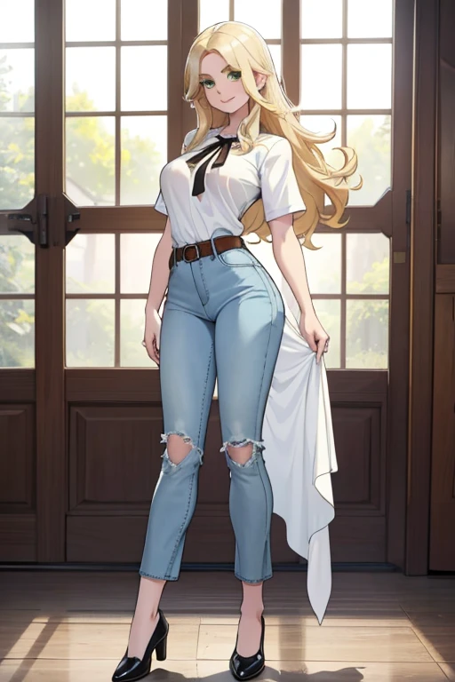 female, blonde long hair, green eyes, pale skin, (((1girl))), (((white long sleeve t-shirt))), (light blue denim pants), (black belt), (black flats), cute and sexy, large breasts, large butt, full body, long legs, smiling, cleavage