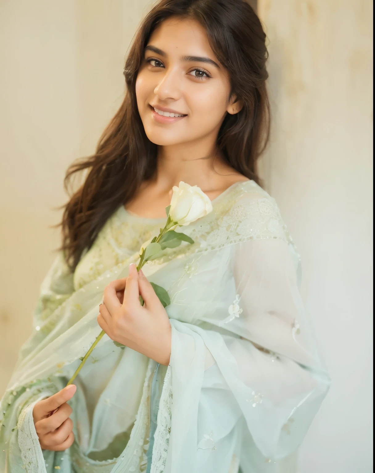 Beautiful ,23 years young Indian girl healthy, confidential looking,8k,realistic, raw photo,dark brown hair,fair skin, indian,long hair,clear facial features,, very detailed, 23years old, innocent face, natural wavy hair, high resolution, masterpiece, best quality, intricate details, highly detailed, sharp focus, detailed skin, realistic skin texture, texture, detailed eyes, professional, 4k, charming smile, shot on Canon, 85mm, shallow depth of field, kodak vision color, perfect fit body, extremely detailed, foto_\(ultra\), photorealistic, realistic, post-processing, maximum detail, roughness, real life, ultra realistic, photorealism, photography, 8k uhd, photography