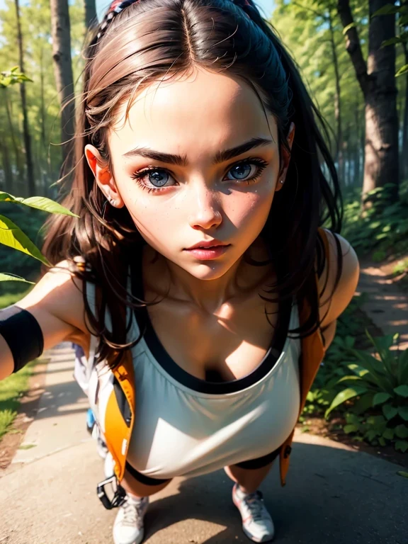 ultra high definition, ultra definition, best quality, masterpiece, highres, colorful, artstation, concept art, smooth, sharp focus, illustration, super detail, sport girl, smoking, holding a cigarette, 1girl, outdoor, trees, forest, small hips, small butt, small ass, small breast, detailed face, delicate face, alone, she's leaning forward, we see her from above, pov, wide eyes, focus on face, close-up face, cigarette in hand,