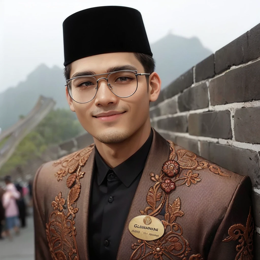 (8K, RAW photo, photorealistic:1.2), photo of a 18 year old, Indonesian young man, muscular, white skin, oval face, slick back short hairstyle, wearing clear rectangle browline glasses, wearing a black peci, the man wearing a Moslem shirt with  Complicated pattern, wearing a name tag that says "Gunawan", large smiling face, looking at the camera, realistic, hyperrealistic, photography, focus photo, deep focus, very detailed, Lifestyle photography, medium shot, eye level, bokeh effect, shot on a Hasselblad 500CM with a Voigtländer Nokton 50mm f1.1 lens, in the style of (Richard Avedon:1.4) (bright color )
