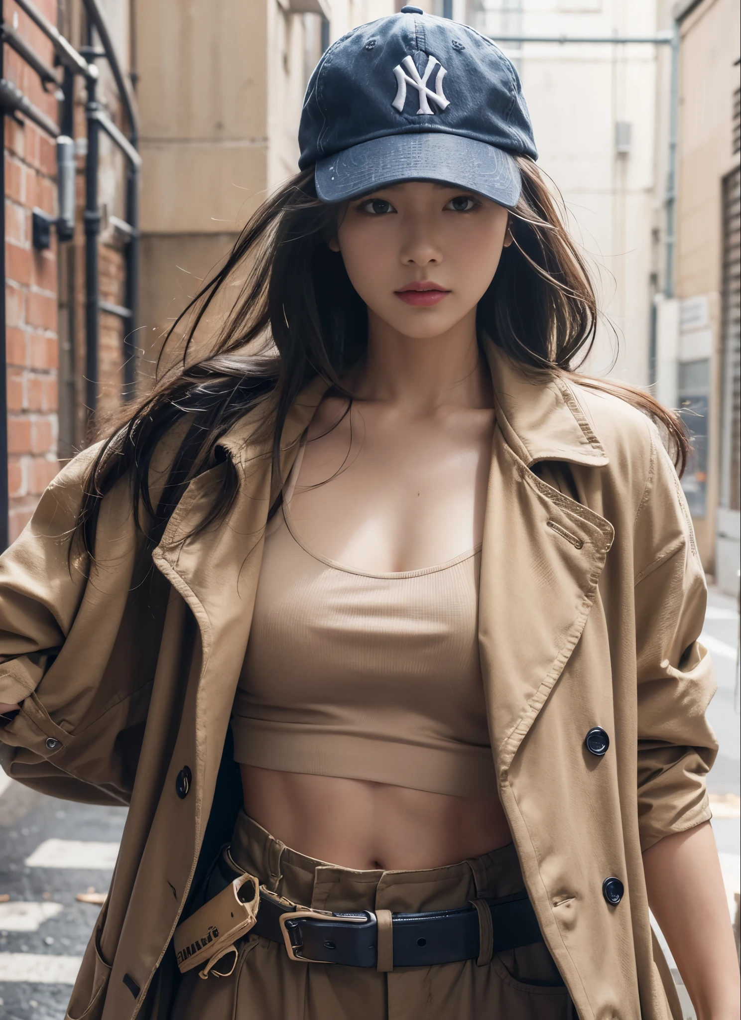 (highly detailed, realistic photo, realistic skin texture), 8K, an American-based beautiful Japanese woman holding a sawed-off shotgun at her waist and looking back, wearing a dirty and torn beige trench coat, a navy Yankees baseball cap, dirty high-top Nike sneakers, in an alley with scattered bricks and debris, with rain falling and wet clothes, with a fascinating and action-packed pose, and a cool composition.