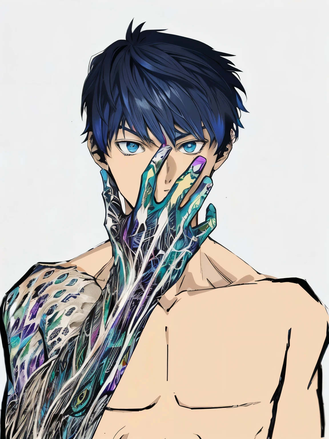 anime boy with blue eyes and hands painted with colorful paint, full color manga visual style, colored manga art, psychedelic manga, colored manga, anime style hyper detailed, anime character; full body art, digital manga art, inspired by Yuumei, high quality colored sketch, mob psycho 100, colored sketch anime manga panel, digital anime illustration, thick black drawing outlines, thick outlines