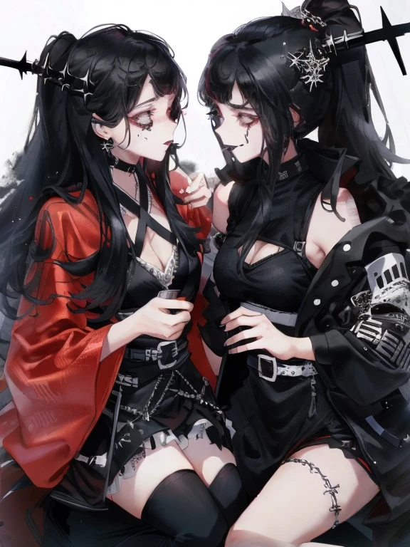 Two women kisasterpiece, best quality, high quality, ultra detailed, 1girl, looking at viewer, white hair, gray eyes, black lipstick, black shirt, sitting on a white floor, demon girl, gothcore, 1 7 - - old,th girl, japanese gothic, gothic punk style, black metal style, hands on head,.yurikiss、Girl kissing girl、