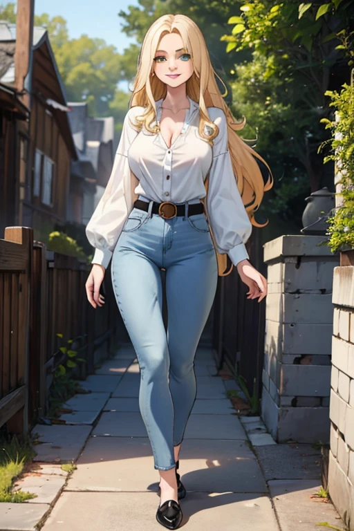 female, blonde long hair, green eyes, pale skin, (((1girl))), (((white blouse))), (light blue denim pants), (brown belt), (black flats), cute and sexy, large breasts, large butt, full body, long legs, smiling, cleavage