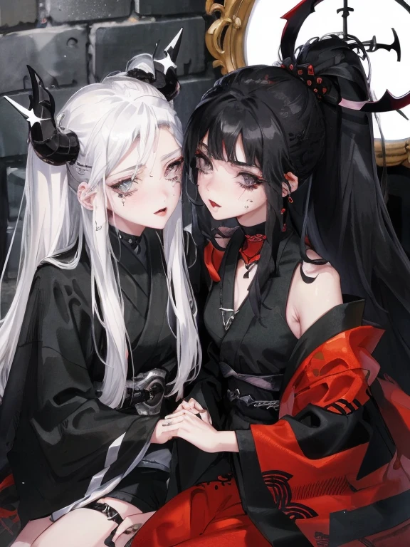 Two women kisasterpiece, best quality, high quality, ultra detailed, 1girl, looking at viewer, white hair, gray eyes, black lipstick, black shirt, sitting on a white floor, demon girl, gothcore, 1 7 -  - old,th girl, japanese gothic, gothic punk style, black metal style, hands on head,.yurikiss、Girl kissing girl、