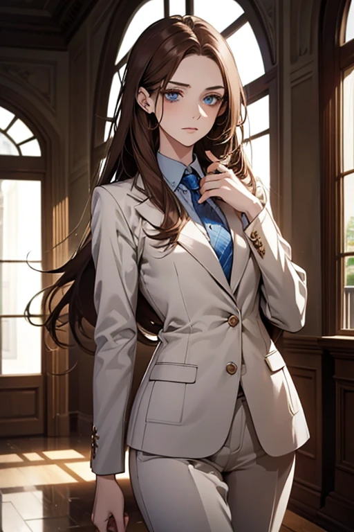 (confused, High resolution, Super detailed),  1 female, adult,beautiful, light blue eyes, brown hair, Straight long hair tied back, ,suit,secretary,adult woman,mid 20&#39;s,quiet,thin,pale,thin,Are thin,reception room,