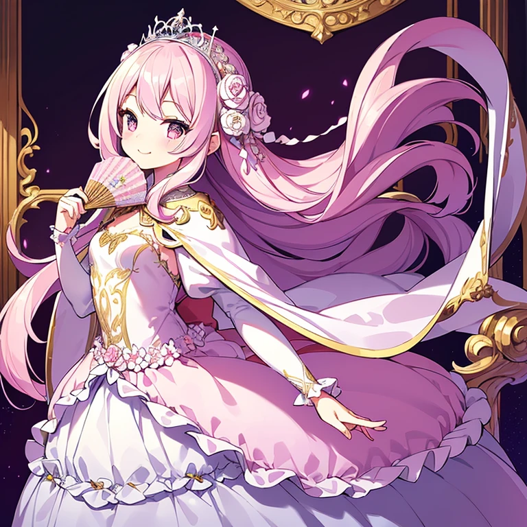 (kawaii),(best quality),(ultra detailed),(rococo style),(long train pastel pink cape:1.15), very long cape,(long train white ball gown with flower decorations:1.1), a girl is wearing a cape over her gown,(she has a western style fan:1.05), 1 little princess, tiara, smile, very long hair, small breasts, beautiful detailed eyes, beautiful detailed lips