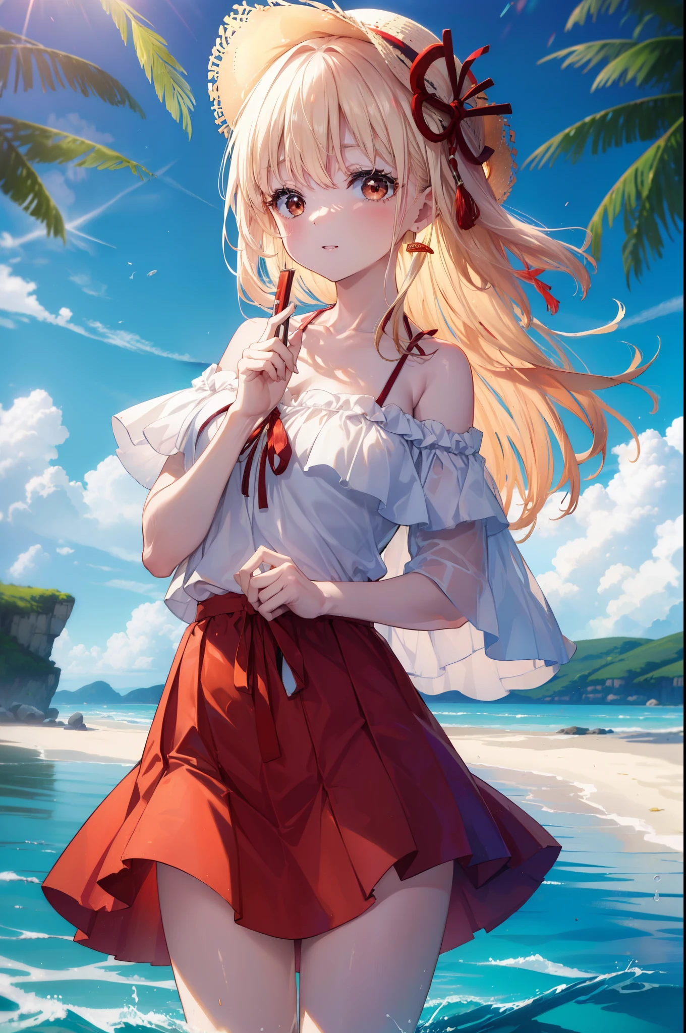 chisatonishikigi, nishikigi chisato,long hair , bangs, blonde hair, (red eyes:1.5), happy smile, smile, open your mouth,big straw hat,off shoulder dress,long skirt,naked neck,bare shoulders,bare clavicle,Grab the skirt with both hands and lift it up,barefoot,beachの砂浜を散歩しながら,風になびくblonde hair, real summer,Light of the sun,
break outdoors,beach ,
break looking at viewer, (cowboy shot:1.5),
break (masterpiece:1.2), highest quality, High resolution, unity 8k wallpaper, (shape:0.8), (fine and beautiful eyes:1.6), highly detailed face, perfect lighting, Very detailed CG, (perfect hands, perfect anatomy),