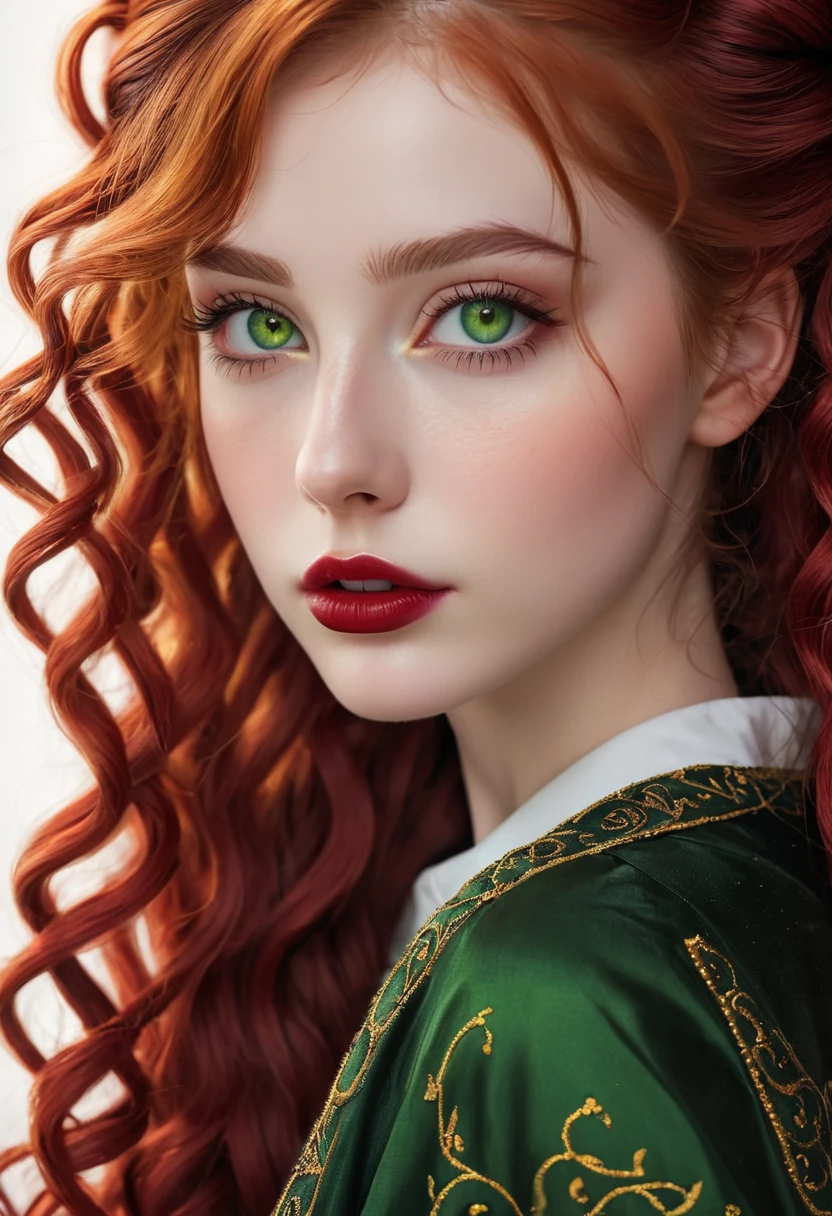 (masterpiece, best quality), ((realistic)), 1girl, solo, (((age 18))), (skin texture:1.1), (skin pores:1.2), (pale skin), (high detail face), ultra-detailed, digital-art, ((Raw photo)), ((long curly red hair)), (Big Twin tails), Looking at up, ((Green Gold Eyes)), (Translucent Cornea, luminosity:1.2), ((beautiful and perfect eyes)), Black Eyeliner, thin eyebrows, long eyelashes, ((full lips, lipstick dark cherry )), from side