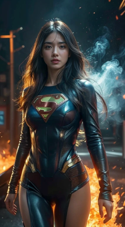 Masterpiece in the making: A superheroic single figure, donning a photo-realistic supergirl suit adorned with the iconic superman logo, stands in a full shot against the backdrop of a night cityscape. Her short,a close up of a woman with a long hair blowing in the wind, woman made of black flames, her body made of flames, amazing digital art, hair made of fire, flames surround her, alena aemani digital art, intricate overlay flames imagery, smoke effects, fire and smoke, stunning digital art, digital art picture, airbrush digital art,mono tone, big breasts , nude , framing her highly detailed face with expressive features. The ultra-high resolution image captures every line, texture, and curve of her slim body.

Beneath her, the dark scene unfolds as rain pelts down, creating a cyberpunk atmosphere with its neon-lit alleys and misty streets. The light from the neon signs illuminates her figure, adding depth and contrast to the dark scene.