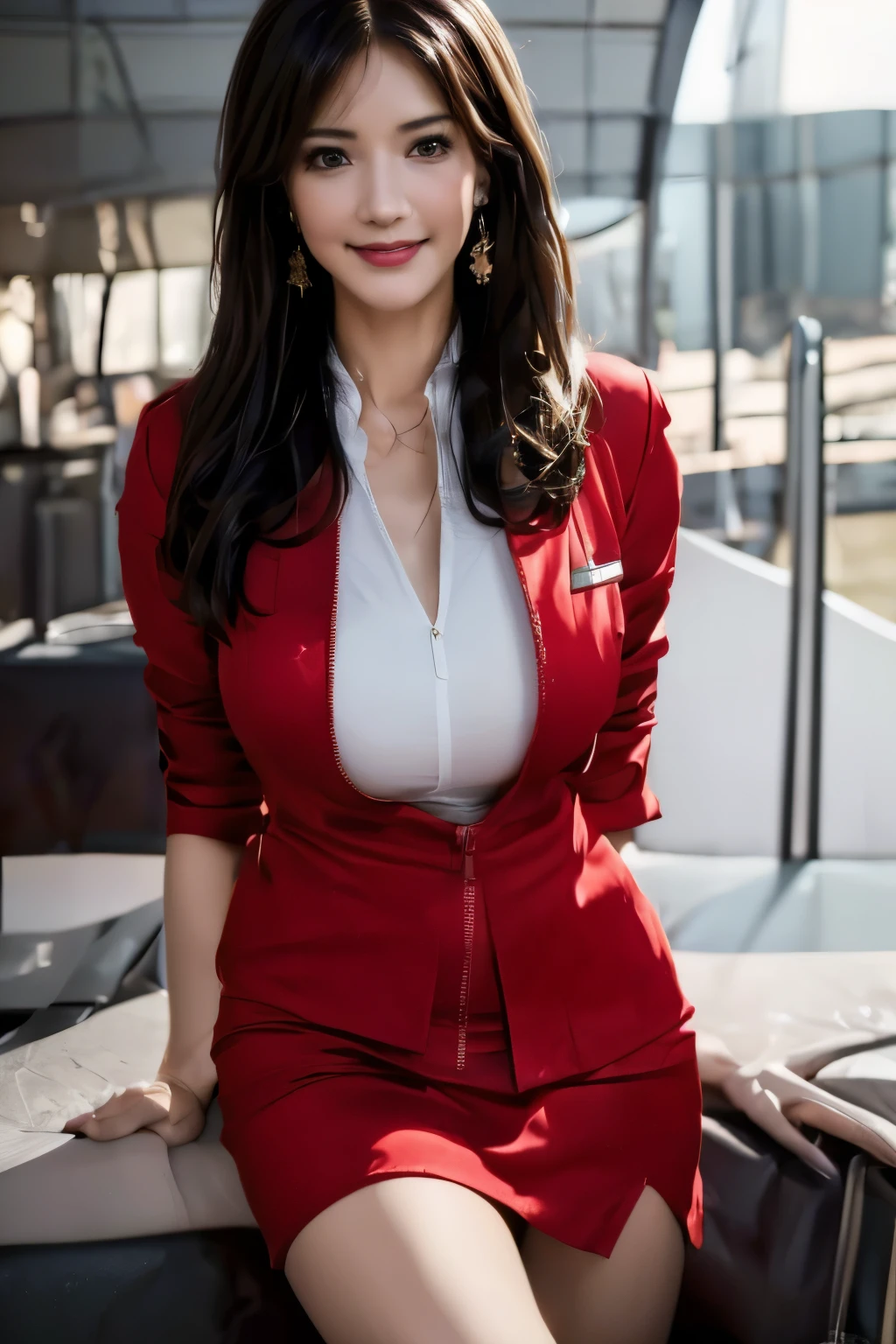 (masterpiece:1.2, highest quality:1.2), 32K HDR, High resolution, (alone, 1 girl), (Ultra-realistic portrait of an AirAsia stewardess in uniform), neat woman, beautiful face, dark brown hair, (long hair down to waist), (red jacket:1.1, Unzipped jacket, unbuttoned white shirt:1.05, red mini skirt:1.1, pantyhose), perfect slim body:1.1, huge breasts, huge breastsの谷間, detailed skin texture, fine eyes, (smile:1.2), necklace、earrings、(In the airport lounge, bright lighting),blue eyes、long shot
