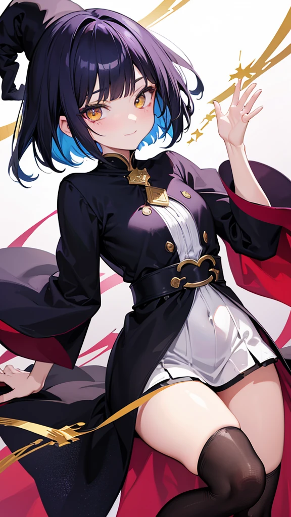 Witch's outfit, Anime-style portrait of a teen-ager girl with a deep violet bob cut, ((Golden eyes)), bright eyes, baby-faced, eye contact with the camera, subtle smile, minimalistic background to emphasize character, high contrast, clean lines, digital painting, vivid colors
