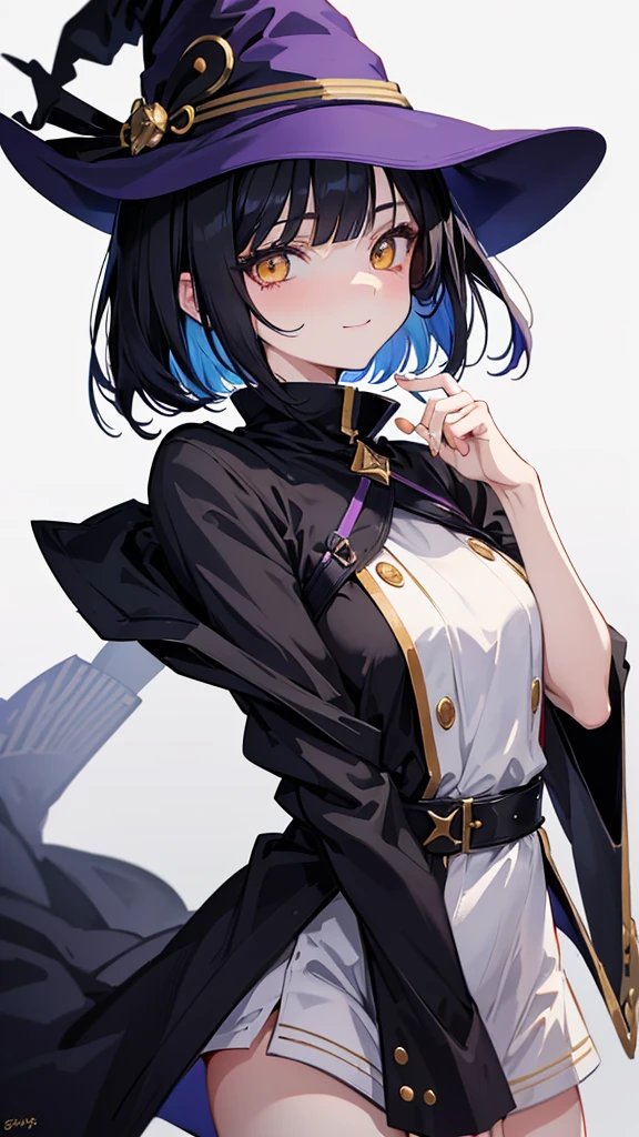 Witch's outfit, Anime-style portrait of a teen-ager girl with a deep violet bob cut, ((Golden eyes)), bright eyes, baby-faced, eye contact with the camera, subtle smile, minimalistic background to emphasize character, high contrast, clean lines, digital painting, vivid colors