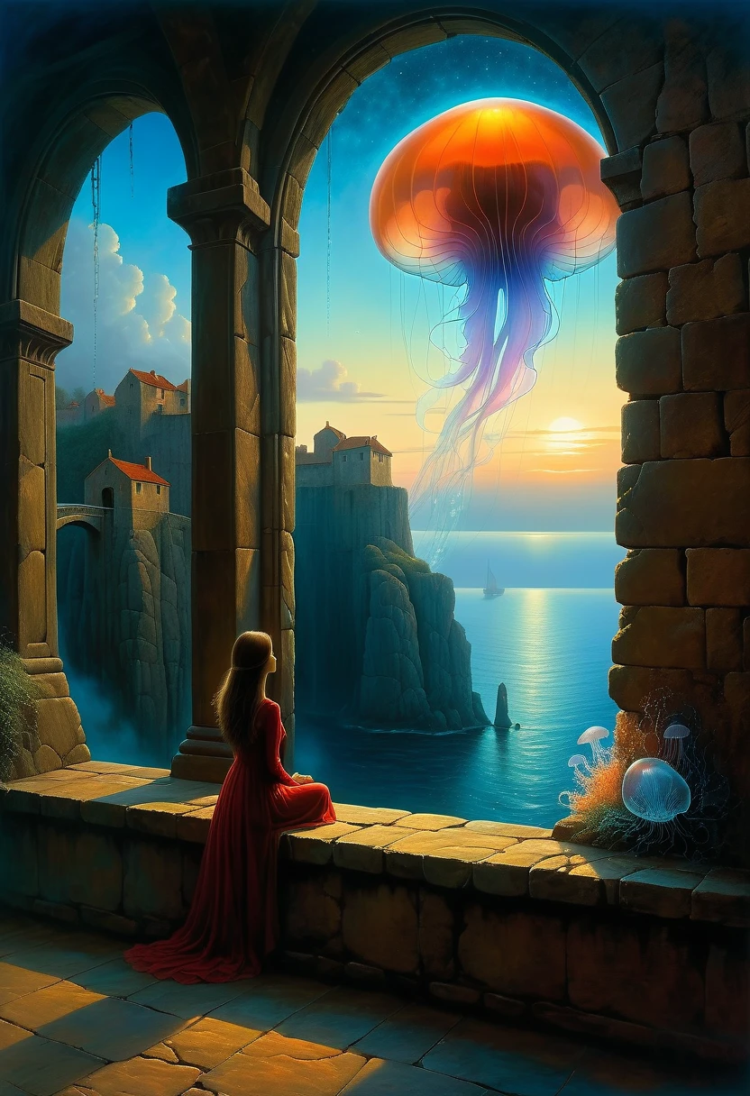 beautiful dark room，There is a big window, The scenery outside the window，Looking out from the window，Girl looking into the distance at the window，The Faceless Stone Woman on the Bridge，Handheld Light，Background with jellyfish, With the sky as a background, Brome&#39;s Art, Magic  artwork, super fine, Fantasy Art Surrealism Beksinski