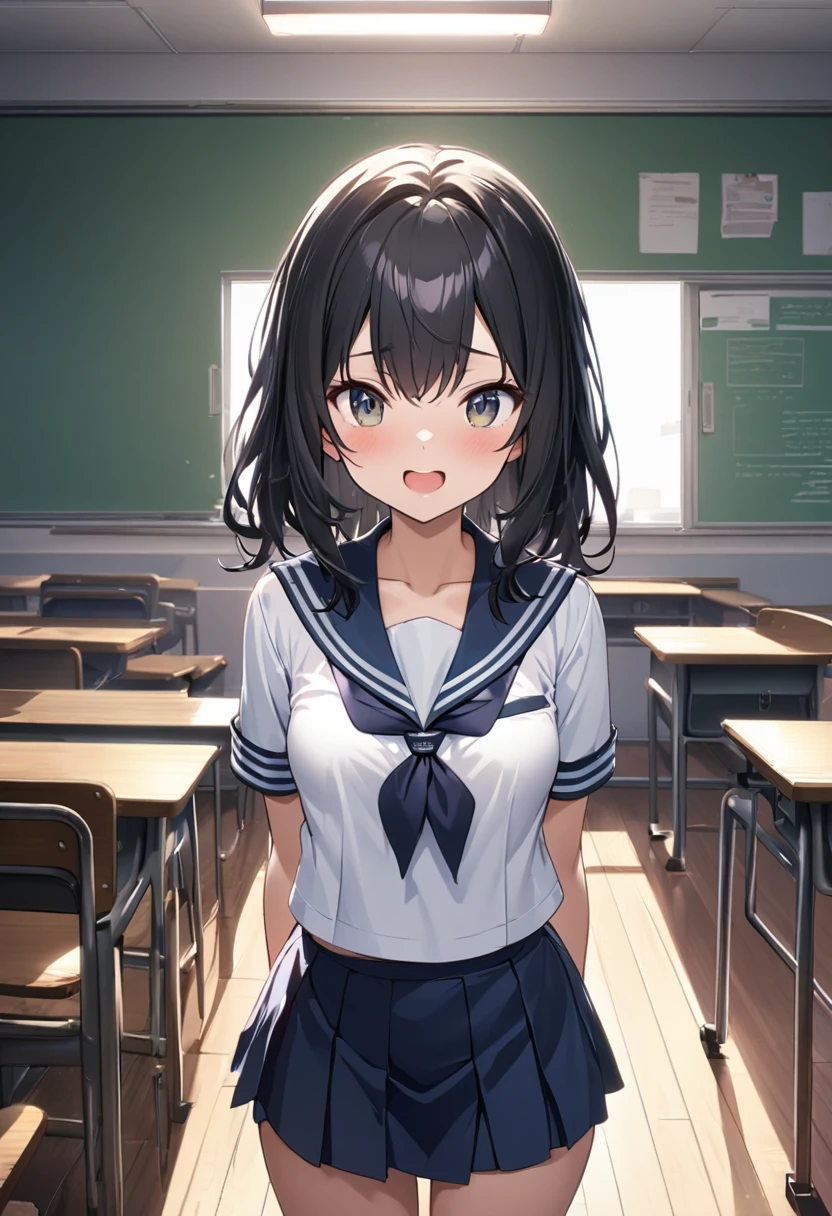 ((​masterpiece、top-quality:1.5、a high chroma:1.5、ultra-detailliert、high-resolution illustrations:1.5、Ultra-high-definition CG、8k size wallpaper、offcial art))、(portrait,cowboy shot)、(1girl),Open mouth happy grin,cute face,big eyes、
,(sitting),
,(sexy body),(sailor uniform,mini skirt),(long black hair), (small breasts)、
、classroom,JK