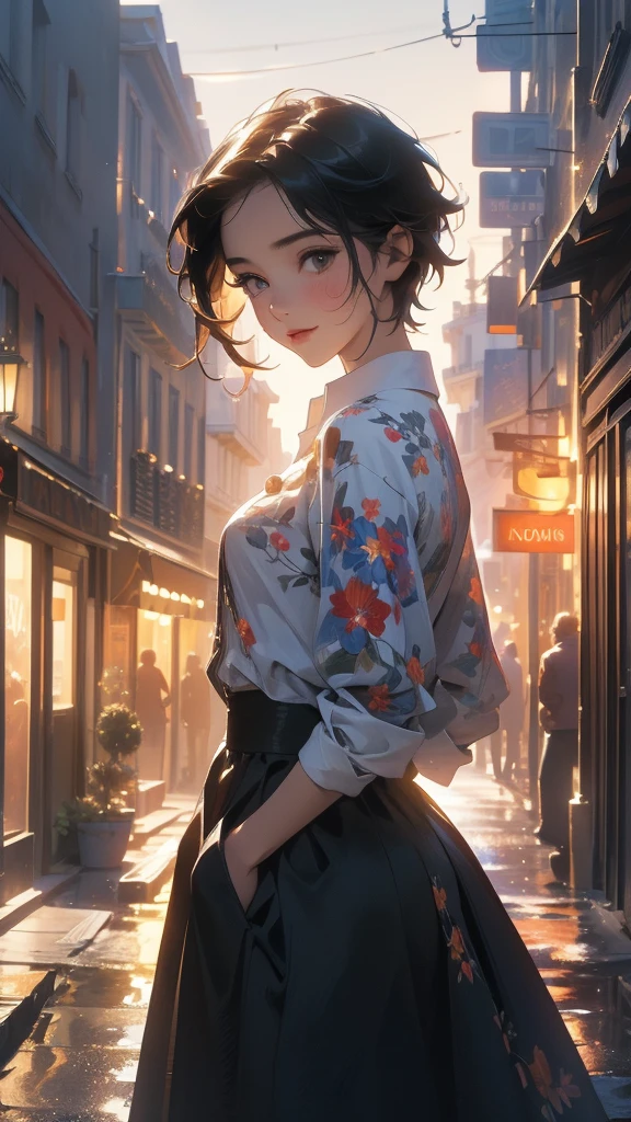 (Highly detailed CG unit 8k wallpaper, masterpiece, High resolution, highest quality, natural skin texture), Composition from head to stomach:1.5, (20 year old woman, Hands in pockets pose:1.3, smile, detailed eyes, gradient eyes), (Stalgic Fashion, detailed costume, fine embroidery, Button Front Shirt, Asymmetrical short hair:1.2), (Backstreets of Paris:1.3, Colourful flower beds along the road, cinematic lighting), high contrast, hyper realistic, digital painting, concept art,