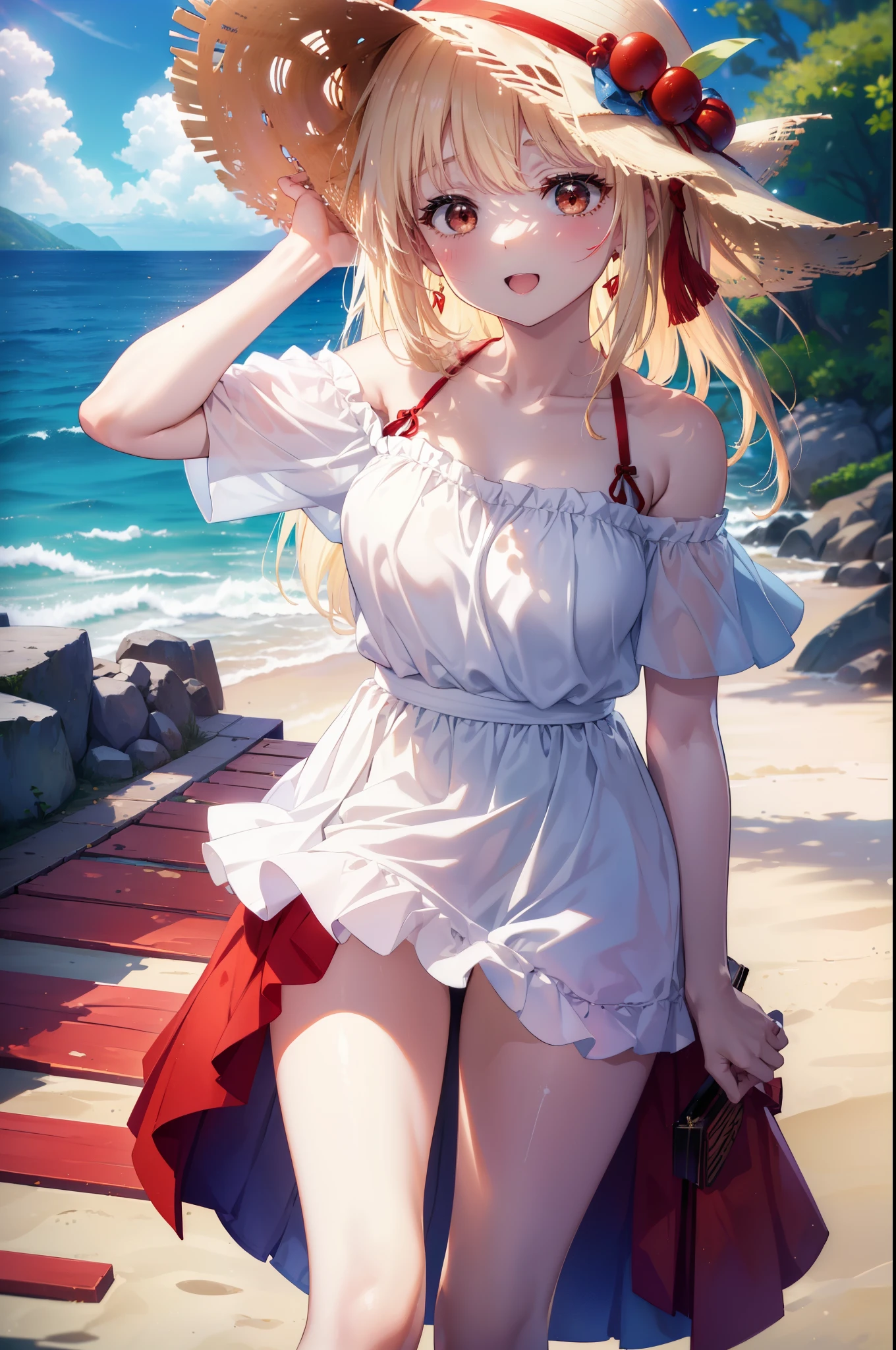 chisatonishikigi, nishikigi chisato,long hair , bangs, blonde hair, (red eyes:1.5), happy smile, smile, open your mouth,big straw hat,off shoulder dress,long skirt,naked neck,bare shoulders,bare clavicle,Grab the skirt with both hands and lift it up,barefoot,beachの砂浜を散歩しながら,風になびくblonde hair, real summer,Light of the sun,
break outdoors,beach ,
break looking at viewer,whole body (cowboy shot:1.5),
break (masterpiece:1.2), highest quality, High resolution, unity 8k wallpaper, (shape:0.8), (fine and beautiful eyes:1.6), highly detailed face, perfect lighting, Very detailed CG, (perfect hands, perfect anatomy),