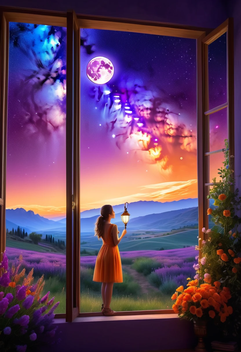  Windows in Roman architectural style，Girl standing by the window，The scenery outside the window，Looking out from the window，vast landscape photos, (A view of the sky and the wilderness below), Standing in the flower field and looking up, (full moon: 1.2), (meteor: 0.9), (nebula: 1.3), distant mountains, The art of tree folding, (Warm light source: 1.2), (firefly: 1.2), lamp, purple and orange, intricate details, Volumetric lightingBREAK (masterpiece: 1.2), (best quality ), 4K, Super detailed, (Dynamic configuration: 1.4), Highly detailed and colorful details (iridescent: 1.2), (sparkling lights, mood lighting), fantastic, magic, (alone: 1.2)