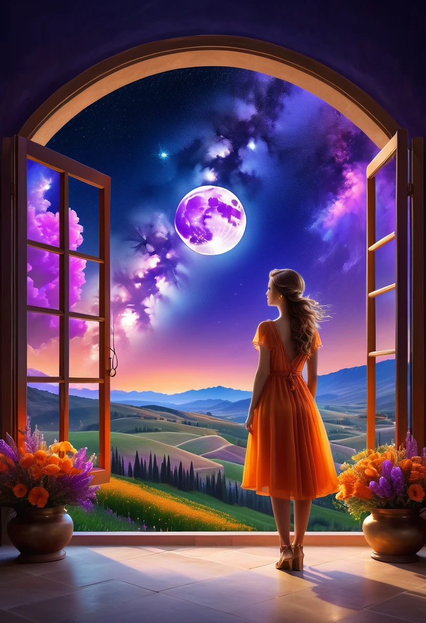 Windows in Roman architectural style,Girl standing by the window,The scenery outside the window,Looking out from the window,vast landscape photos, (A view of the sky and the wilderness below), Standing in the flower field and looking up, (full moon: 1.2), (meteor: 0.9), (nebula: 1.3), distant mountains, The art of tree folding, (Warm light source: 1.2), (firefly: 1.2), lamp, purple and orange, intricate details, Volumetric lightingBREAK (masterpiece: 1.2), (best quality ), 4K, Super detailed, (Dynamic configuration: 1.4), Highly detailed and colorful details (iridescent: 1.2), (sparkling lights, mood lighting), fantastic, magic, (alone: 1.2)